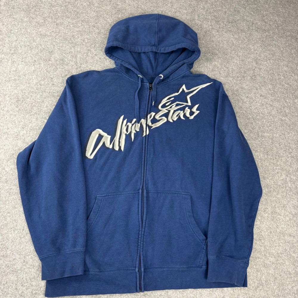 Alpinestars Mens XL Navy Blue Full Zip Hoodie Logo Graphic Sweatshirt Motocross